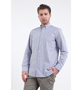 Beyaz - Lacivert Düğmeli Yaka Uzun Kol Cepli Comfort Fit %100 Pamuk Gömlek 1004260170