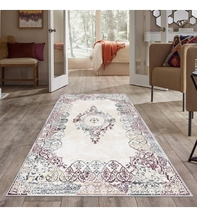 Gri Osmanlı Desen Nakış İşlemeli Yıkanabilir Kaymaz Taban Leke Tutmaz Modern Salon Halısı ve Yolluk