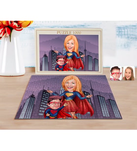 BK Gift Kişiye Özel Süper Anne ve Çocuk Karikatürlü 1000 Parça Profesyonel Puzzle