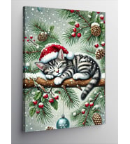 Kanvas Tablo Noel Temalı Uyuyan Kedi