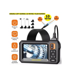 Kalite 10 Metre 4.3 Inç Çift Kamera Ekranlı Yılan Kamera (Ayarlanabilir Parlak 8 Led)