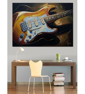 Işık Saçan Altın Elektro Gitar Dekoratif Kanvas - Mdf Ahşap Tablo