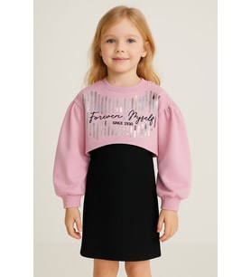 Kız Çocuk İkili Takım Elbise – Siyah Elbise ve Pembe Sweatshirt, Şık Günlük Kombin, Kız Çocuk Elbise