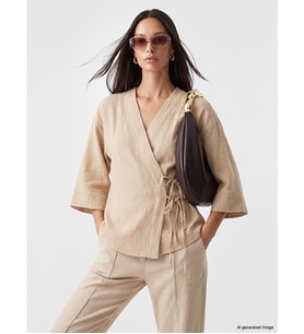 LCW EVERYDAY Bej Kruvaze Yaka Müslin Oversize Kadın Kimono