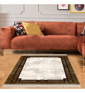 Çerçeveli Modern Dijital Baskı Yıkanabilir Kaymaz Taban Salon Halısı ve Yolluk (Bej)