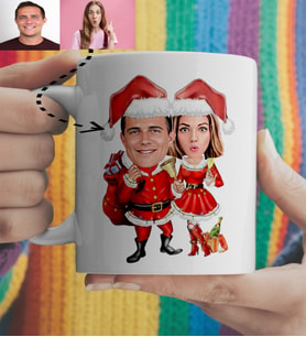 Karikatürlü Çift Noel Anne Baba Yılbaşı Kupası Kişiye Özel