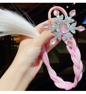 Simli Kar Tanesi Üzeri Büyük Oval Kristal Taş Süslemeli Pembe ve Beyaz Çocuk Lastik Protez Saç