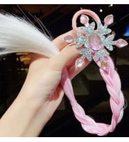 Simli Kar Tanesi Üzeri Büyük Oval Kristal Taş Süslemeli Pembe ve Beyaz Çocuk Lastik Protez Saç