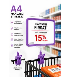 A4 Mandallı Fiyatlık Etiketlik Sepet Raf Askılık Fiyat Etiketi Çerçeveli Market Mağaza Mor