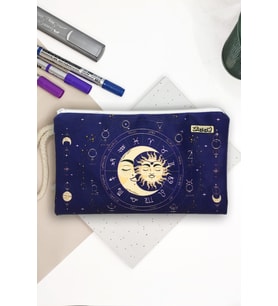 Tarot Ay Güneş Desenli Kalem Kutusu Yıkanabilir Bez Kalemlik (Mavi)