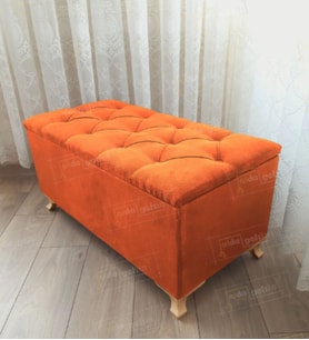Lüks Sandıklı Kapitoneli Ayakucu Puf Bench 100 cm Gold Ayak (Turuncu)