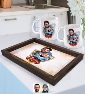 BK Gift Kişiye Özel İsimli Sevgililer Karikatürlü Doğal Ahşap Tepsi ve 2’li Kupa Bardak Seti-59