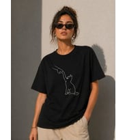 Minimal Kedi Çizim Baskılı Tişört Kısa Kol Yazlık T-Shirt - Siyah