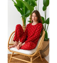 Nisanca Mevsimlik Uzun Kollu Süet Kadın Pijama Takımı- Bisiklet Yaka Kadın Pijama (Kırmızı)