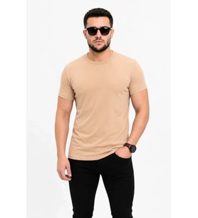 Erkek Basic Tişört Bisiklet Yaka Kısa Kol Günlük Yazlık Slim Fit T-Shirt - Bej