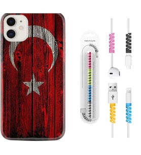 Apple iPhone 11 12 13 Mini Kılıf Kablo Koruma Spiral Silikon Şanlı Türk Bayrağı 2 1317