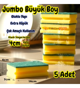 Technow Jumbo Büyük Boy Vip Kaliteli 14 x 7 cm Oluklu Bulaşık Süngeri 5 Adet