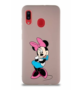 Samsung Galaxy A20 Soft Premier Kapak Minnie Mouse-D Tasarımlı Silikon Kılıf - Pudra (Şeffaf)