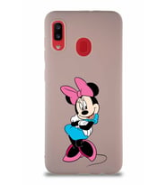 Samsung Galaxy A20 Soft Premier Kapak Minnie Mouse-D Tasarımlı Silikon Kılıf - Pudra (Şeffaf)