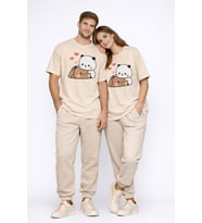 Sevimli Panda Baskılı Sevgili Kombini Çift Tişört Oversize Unisex Çift Kombin 2'Li Set (Bej)