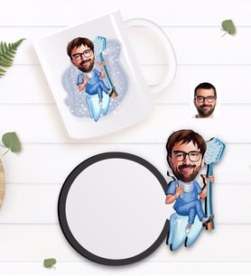 BK Gift Kişiye Özel Erkek Diş Hekimi Karikatürlü Beyaz Kupa ve Ahşap Bardak Altlığı Hediye Seti-2