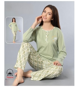 Melodi Kadın Standart Kalıp %100 PAMUK Düğmeli Yaka Uzun Kol Baharlık Pijama Takımı 16165- 1 Adet (Yeşil)