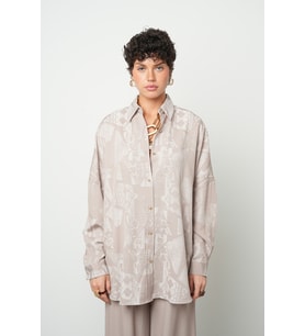 Kadın Viskon Karışımlı Desenli Bej Renk Oversize Tunik Gömlek