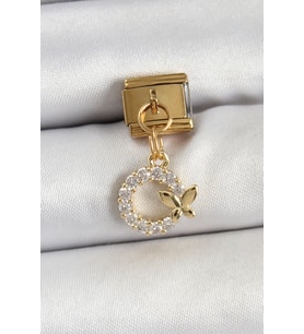 316L Çelik Sallantılı Zirkon Taşlı Detaylı Halka Model Gold Renk Nomination Charm - TJ-BC1440