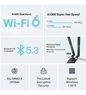 Archer TX10E AX900 Wi-Fi 6 Bluetooth 5.3 PCIe Adaptör 887 Mbps Çift Bant Hız MU-MIMO & OFDMA Çift Harici Anten WPA3 Güvenlik Masaüstü PC Dahili Ağ Kartı