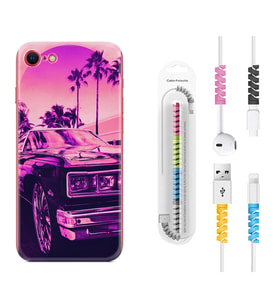 Apple iPhone 5 6 7 8 Plus Se XR Kılıf Kablo Koruma Spiral Silikon Mor Araba 1711