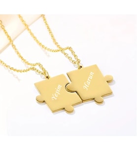 Çiftlere Özel Altın Rengi Çelik Puzzle Kolye