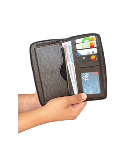 Premium Serisi Lüks Deri Özel Üretim Dikey Telefon Bölmeli Fermuarlı Erkek Cüzdanı (Kahverengi)