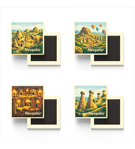 Nevşehir - Baskılı Buzdolap Magneti Kare - 9x9 cm - 4 Adet
