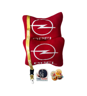 Opel Uyumlu Nakışlı Kırmızı Polar Ortopedik Seyahat Boyun Yastık / Sarı Oto Ayna Askısı