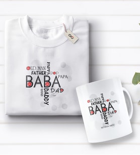 BK Gift Kişiye Özel Baba Tasarımlı Beyaz Tişört ve Kupa Seti-1 (Model 1)