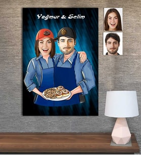 Kişiye Özel Karikatür Baskılı Ahşap Tablo Pastacı Sevgili 30x40 -2