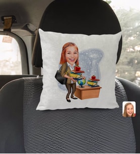 BK Gift Kişiye Özel Kadın Öğretmen Karikatürlü Kare Araç Koltuk Yastığı-4