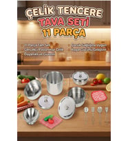 11 Parça Metal Oyuncak Tencere Tava Seti - Paslanmaz Çelik Gerçekçi Evcilik Mutfak Oyun Seti