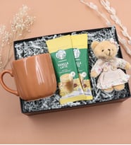 Kupa & 2'li Starbucks Kahve & Mini Elbiseli Ayıcık Anahtarlık Hediye Seti (Kahverengi)