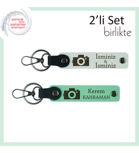 Arkadaşına Özel Hatıralık Anahtarlık, Fotoğraf Motifli Kişisel Deri Set, Beyaz-Açık Yeşil