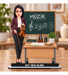 Kişiye Özel Kadın Müzik Öğretmeni Karikatürlü 18 cm MDF Masaüstü Biblo - Öğretmen Hediyesi Öğretmene Özel Hediye