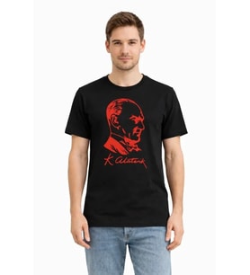Erkek Atatürk Baskılı Tişört Kısa Kollu Bisiklet Yaka T-Shirt - Siyah