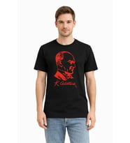 Erkek Atatürk Baskılı Tişört Kısa Kollu Bisiklet Yaka T-Shirt - Siyah
