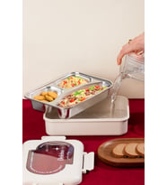 Porsima 3110 Paslanmaz Çelik 3 Bölmeli Vakumlu Yemek Termosu Beslenme Kutusu Taşınabilir Lunch Box Sefer Tası - Krem