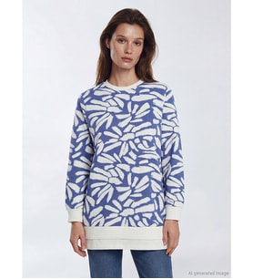LCW Modest Mavi Bisiklet Yaka Desenli Kadın Sweatshirt Tunik