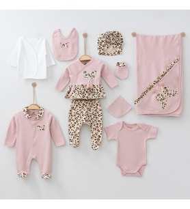 KIZ BEBEK 0-3 AY LEOPAR DESENLİ KELEBEK NAKIŞLI HASTANE ÇIKIŞI ZIBIN SETİ %100 PAMUK