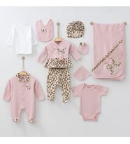 KIZ BEBEK 0-3 AY LEOPAR DESENLİ KELEBEK NAKIŞLI HASTANE ÇIKIŞI ZIBIN SETİ %100 PAMUK (Pudra)
