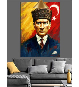 Bayrak Önünde Mustafa Kemal Atatürk Dekoratif Kanvas - Mdf Ahşap Tablo