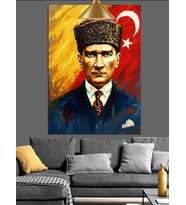 Bayrak Önünde Mustafa Kemal Atatürk Dekoratif Kanvas - Mdf Ahşap Tablo