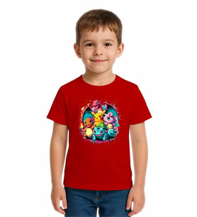 Unisex Pokemon Baskılı Çocuk Tişört pamuklu penye kumaş (Kırmızı)